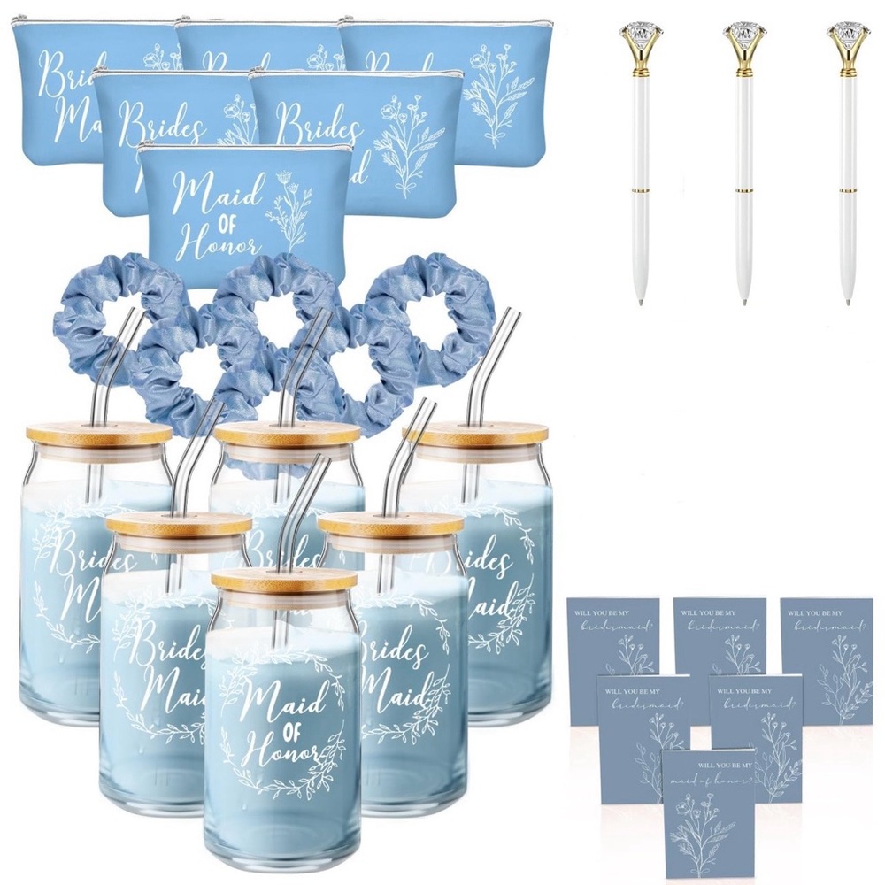 Bridesmaid Proposal Gifts 16 oz Cup Makeup Bags Cards Scrunchy Pens 21 Pcs Blue